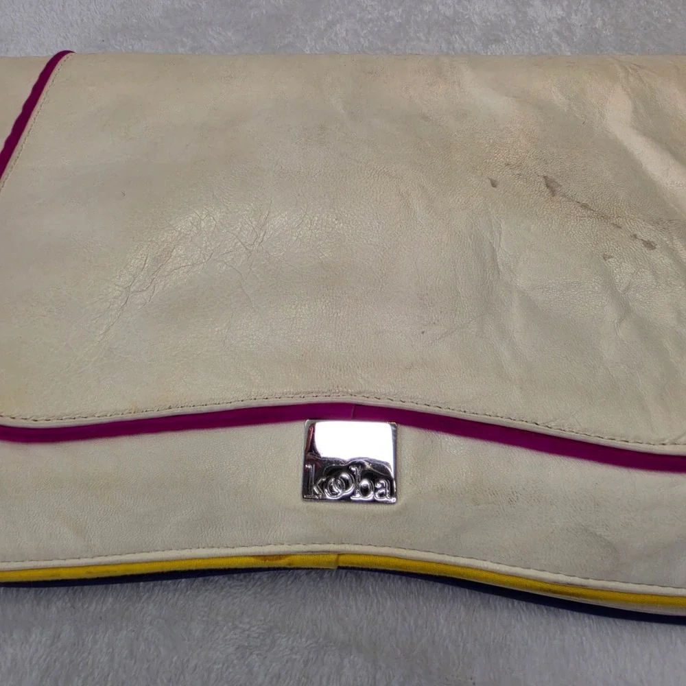 Kooba Leather Oversized Clutch Bag Cream with Multicolor Piping Wristlet Strap